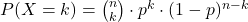 P(X = k) = \binom{n}{k} \cdot p^k \cdot (1-p)^{n-k}