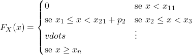 F_X(x) = \begin{cases}0 & \text{se } x < x_1 \p_1 & \text{se } x_1 \leq x < x_2 \p_1 + p_2 & \text{se } x_2 \leq x < x_3 \\vdots & \vdots \1 & \text{se } x \geq x_n\end{cases}